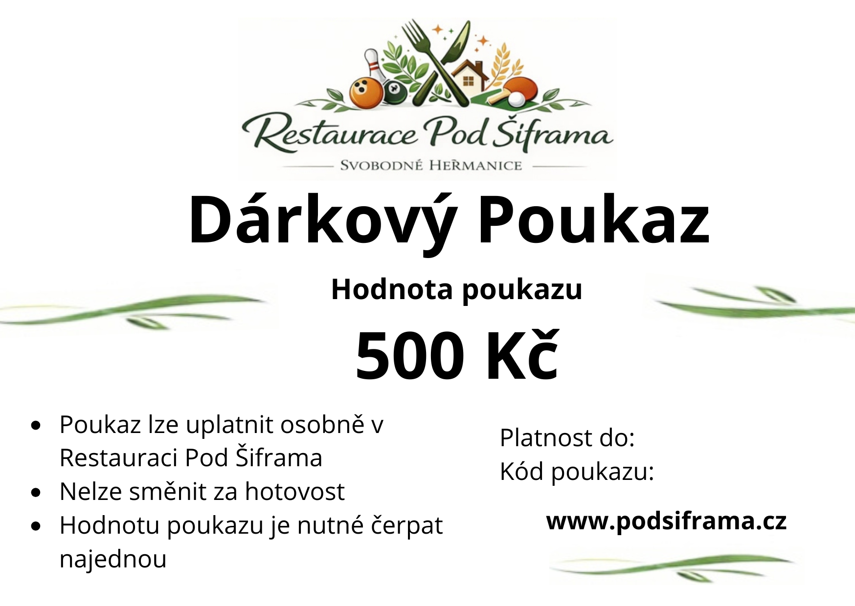 Dárkový voucher – Restaurace Pod Šiframa v hodnotě 500 Kč